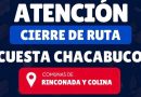 CIERRAN PREVENTIVAMENTE LA CUESTA CHACABUCO POR EL SISTEMA FRONTAL